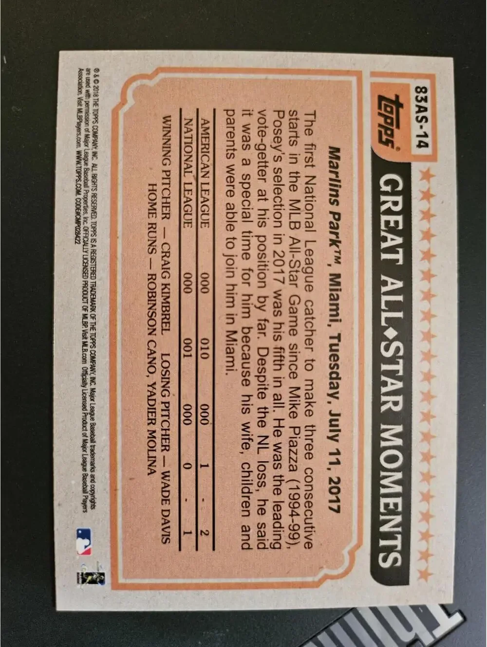 2018 Topps Update Series-1983 All-Star Design- Buster Posey #83AS-14  RAW Mint - Picture 2 of 2